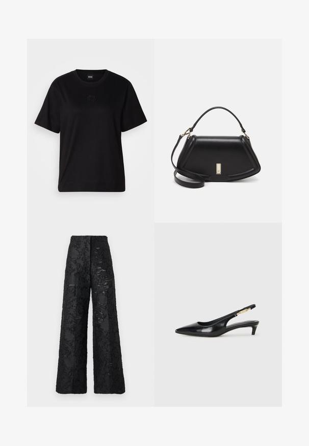 Black cotton t-shirt with a crew neckline, short sleeves, and an embroidered logo on the chest. Simple, relaxed fit with no patterns.; Wide-leg black trousers made of textured fabric with a floral pattern. Features a high waist and a smooth finish.; Black leather slingback heels with a pointed toe, featuring a slim heel and a gold-tone accent on the adjustable strap. Smooth texture.; Black leather handbag with a structured design, featuring a cropped shape, top handle, and gold hardware accent. Adjustable shoulder strap included.