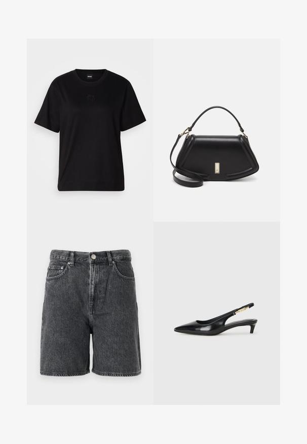 Black cotton t-shirt with a crew neckline, short sleeves, and an embroidered logo on the chest. Simple, relaxed fit with no patterns.; Black washed denim shorts with belt loops, front button, zipper closure, and classic five-pocket design.; Black leather slingback heels with a pointed toe, featuring a slim heel and a gold-tone accent on the adjustable strap. Smooth texture.; Black leather handbag with a structured design, featuring a cropped shape, top handle, and gold hardware accent. Adjustable shoulder strap included.
