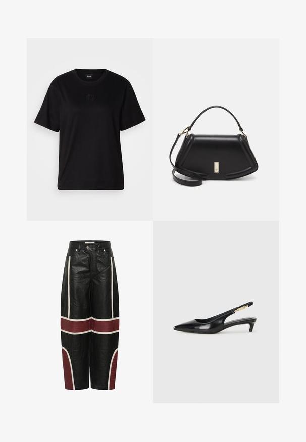 Zwarte katoenen t-shirt met een ronde hals, korte mouwen en een geborduurd logo op de borst. Eenvoudige, comfortabele pasvorm zonder patronen.; Zwarte wijde leren broek met witte verticale strepen en horizontale wijnrode gestikte panelen boven de knieën en op de onderbenen.; Zwarte leren slingback hakken met een spitse neus, voorzien van een slanke hak en een goudkleurige accent op de verstelbare band. Gladde textuur.; Zwarte leren handtas met een gestructureerd ontwerp, featuring een verkorte vorm, bovenhandvat en gouden hardwareaccent. Inclusief verstelbare schouderband.