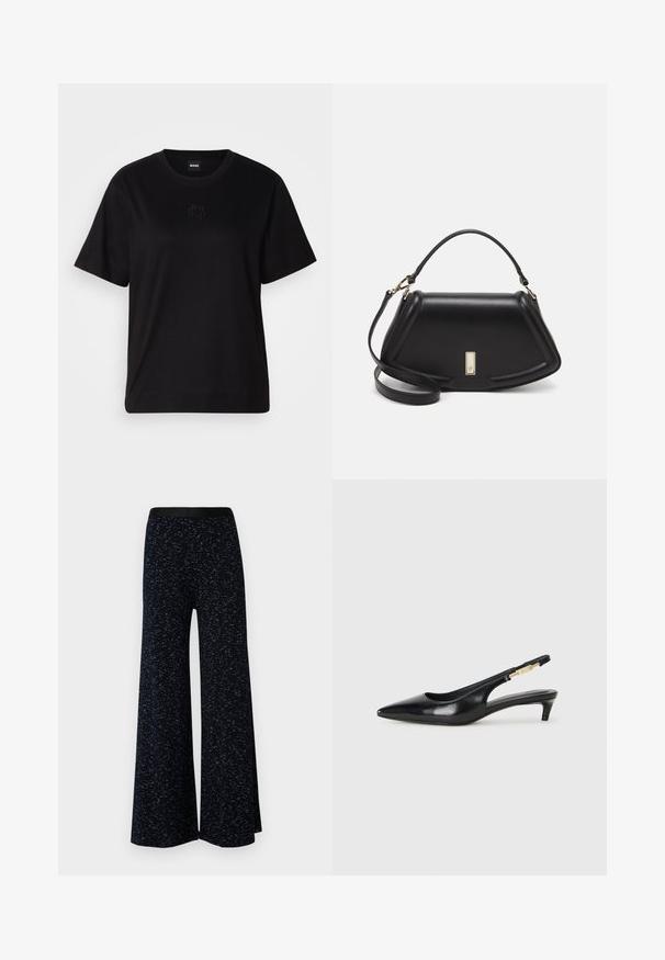 Zwarte katoenen t-shirt met een ronde hals, korte mouwen en een geborduurd logo op de borst. Eenvoudige, comfortabele pasvorm zonder patronen.; Mads Nørgaard COTTON SPACE VERAN PANTS - Broek - multi midnight; Zwarte leren slingback hakken met een spitse neus, voorzien van een slanke hak en een goudkleurige accent op de verstelbare band. Gladde textuur.; Zwarte leren handtas met een gestructureerd ontwerp, featuring een verkorte vorm, bovenhandvat en gouden hardwareaccent. Inclusief verstelbare schouderband.