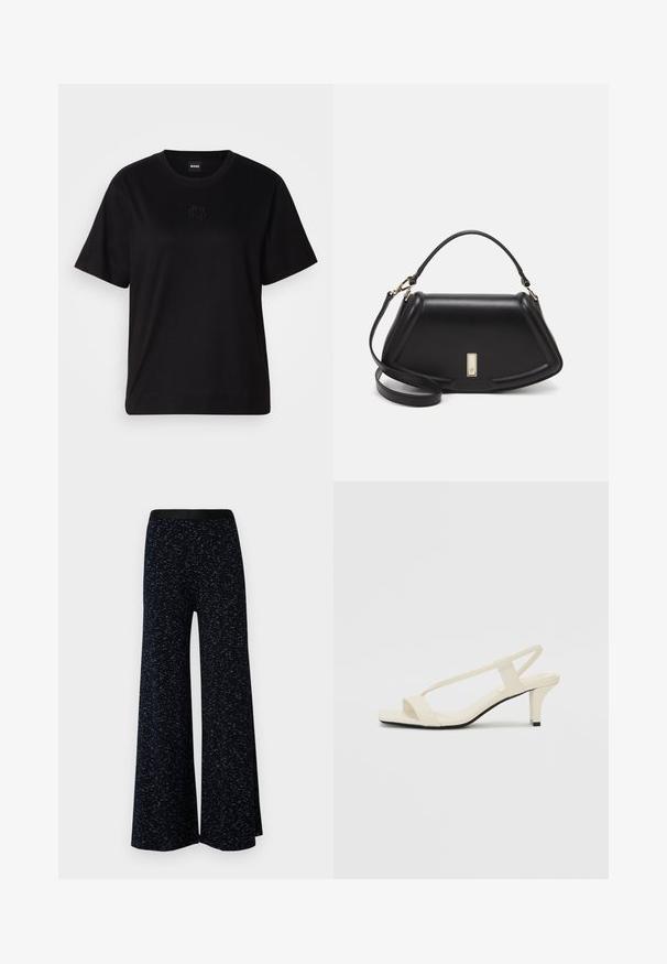 Crna pamučna majica s okruglim izrezom, kratkim rukavima i izvezenim logotipom na prsima. Jednostavan, opušten kroj bez uzorka.; Mads Nørgaard COTTON SPACE VERAN PANTS - Hlače - multi midnight; Bež sandale na blok petu s tankim remenčićima i kvadratnim vrhom. Glatki materijal s minimalnim detaljima, dizajnirane za jednostavno nošenje.; Crna kožna torba s strukturiranim dizajnom, s krojenim oblikom, gornjom drškom i zlatnim detaljima. Uključena je podesiva ramena traka.