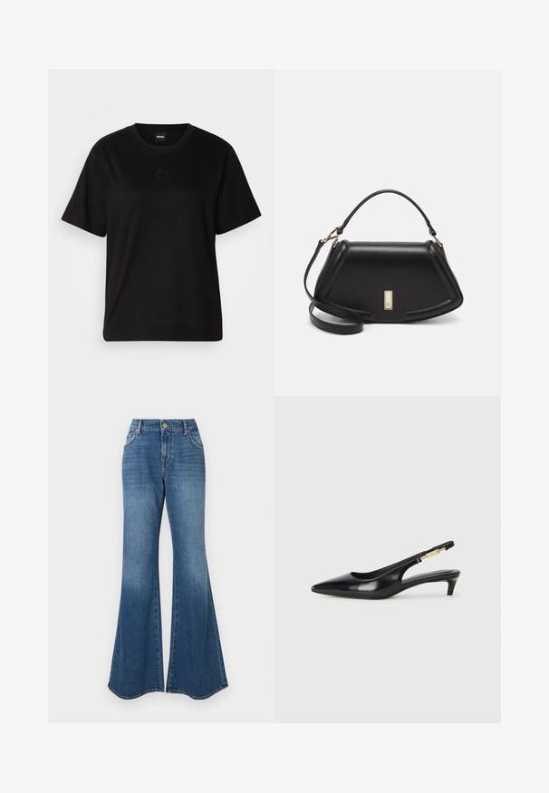 Črna bombažna majica s krožnim izrezom, kratkimi rokavi in izvezenim logotipom na prsih. Preprosta, sproščena silhueta brez vzorcev.; Modre široke kavbojke iz klasičnega denima, z visoko pasom in subtilnim zbledelostjo ter širokim odprtjem pri gležnju, brez vidnih okrasnih elementov.; Črne usnjene sandale na peto z ostro konico, ki imajo tanko peto in zlat ton na nastavljivem traku. Gladka tekstura.; Črna usnjena torbica s strukturnim dizajnom, ki ima skrajšano obliko, zgornji ročaj in zlate dodatke. Vključena je nastavljiva ramenska naramnica.