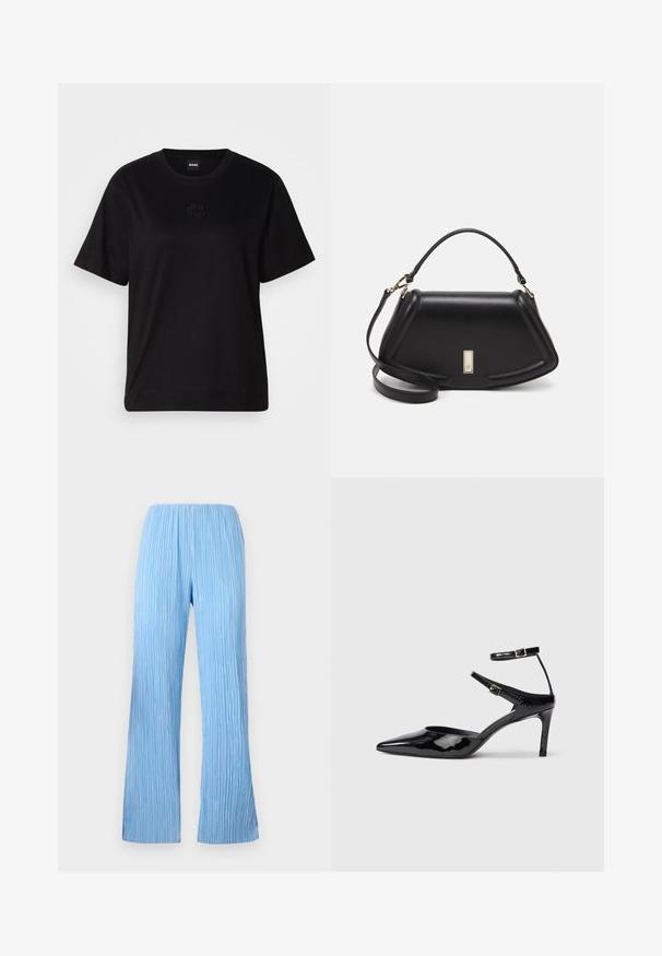 Black cotton t-shirt with a crew neckline, short sleeves, and an embroidered logo on the chest. Simple, relaxed fit with no patterns.; Light blue pleated pants with a wide-leg design, featuring vertical stripes and an elasticated waistband for comfort. Smooth, lightweight fabric.; Black patent leather heels with a pointed toe, adjustable ankle straps, and a slender heel. Smooth texture with a shiny finish.; Black leather handbag with a structured design, featuring a cropped shape, top handle, and gold hardware accent. Adjustable shoulder strap included.