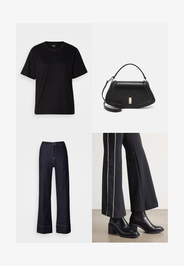 Sort bomulds t-shirt med rund halsudskæring, korte ærmer og et broderet logo på brystet. Enkel, afslappet pasform uden mønstre.; Mørke denim brede bukser med høj talje, der har en frontknaplukning og orange syninger. Glat tekstur hele vejen igennem.; Sorte læder ankelstøvler med blokhæle, udstyret med elastiske sidepaneler. Kombineret med sorte bukser, der har en hvid side stripe.; Sort læderhåndtaske med en struktureret design, der har en kortet form, tophåndtag og guld hardware-accenter. Justerbar skulderrem inkluderet.