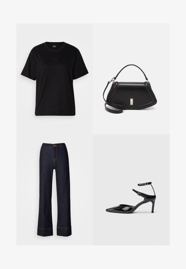 Musta puuvillapaita, jossa on pyöreä kaula-aukko, lyhyet hihat ja brodeerattu logo rinnassa. Yksinkertainen, rento istuvuus ilman kuvioita.; Tummat farkut leveillä lahkeilla ja korkealla vyötäröllä, joissa on edessä nappisuljenta ja oranssit ompeleet. Liukas pinta kauttaaltaan.; Mustat lakatut korkokengät, joissa on terävä kärki, säädettävät nilkkahihnat ja hoikka korko. Suora pinta, joka näyttää kiiltävältä.; Mustalla nahkalaukulla, jossa on jämäkkä muotoilu, lyhyt malli, yläkahva ja kultaiset yksityiskohdat. Säädettävä olkahihna sisältyy.