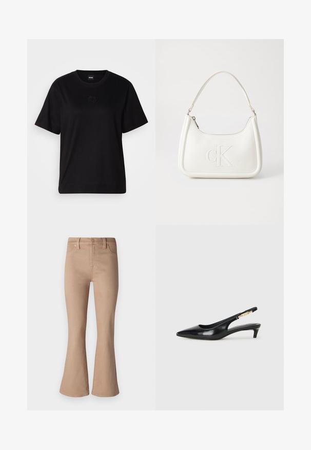Čierne bavlnené tričko s okrúhlym výstrihom, krátkymi rukávmi a vyšívaným logom na hrudi. Jednoduchý, voľný strih bez vzorov.; Beige rozšírené džínsy vyrobené z denimu, s hladkou textúrou, prednými vreckami, zipsom a zlatými gombíkmi a nitmi.; Čierne kožené slingback opätky s špicatou špičkou, s úzkym opätkom a zlatým detailom na nastaviteľnom remienku. Hladká textúra.; Biela kožená kabelka s zakriveným tvarom, na prednej strane s embosovaným logom "CK" a jedným ramenným popruhom. Zipsové zapínanie navrchu.