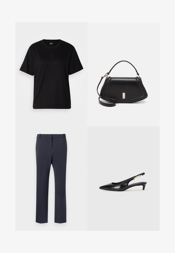 Black cotton t-shirt with a crew neckline, short sleeves, and an embroidered logo on the chest. Simple, relaxed fit with no patterns.; Dark navy tailored trousers with a smooth texture, straight leg design, belt loops, and front pockets. Simple and clean aesthetic.; Black leather slingback heels with a pointed toe, featuring a slim heel and a gold-tone accent on the adjustable strap. Smooth texture.; Black leather handbag with a structured design, featuring a cropped shape, top handle, and gold hardware accent. Adjustable shoulder strap included.