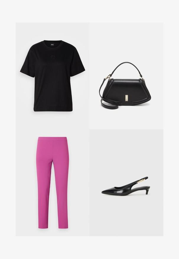 T-shirt en coton noir avec un col rond, des manches courtes et un logo brodé sur la poitrine. Coupe simple et décontractée sans motifs.; Pantalons ajustés à taille haute en rose vif, fabriqués en tissu lisse et extensible. Coupe longueur cheville sans poches ni fermetures visibles.; Talons hauts en cuir noir avec un bout pointu, dotés d'un talon fin et d'un accent en ton or sur la lanière réglable. Texture lisse.; Sac à main en cuir noir avec un design structuré, featuring une forme cropped, une poignée supérieure et des accents en matériel doré. Bandoulière réglable incluse.