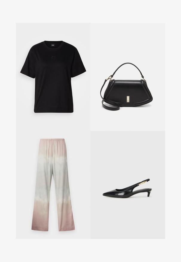Musta puuvillapaita, jossa on pyöreä kaula-aukko, lyhyet hihat ja brodeerattu logo rinnassa. Yksinkertainen, rento istuvuus ilman kuvioita.; Housut, joissa on leveät lahkeet, valmistettu kevyestä kankaasta ja joissa on pehmeäpastellinvärinen liukuvärjäystyyli: vaaleanpunainen, mintunvihreä ja kermaisen beige. Elastinen vyötärö.; Mustat nahkaiset slingback-korkokengät, joissa on terävä kärki, ohuet korot ja kultasävytteinen yksityiskohta säädettävässä hihnassa. Silkkinen pinta.; Mustalla nahkalaukulla, jossa on jämäkkä muotoilu, lyhyt malli, yläkahva ja kultaiset yksityiskohdat. Säädettävä olkahihna sisältyy.