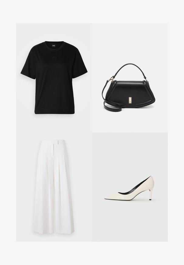 Czarny bawełniany t-shirt z okrągłym dekoltem, krótkimi rękawami i haftowanym logo na piersi. Prosty, luźny krój bez wzorów.; Białe szerokie spodnie z plisami, uszyte z gładkiego materiału. Posiadają wysoki stan i dopasowany krój, co nadaje im elegancki wygląd.; Białe lakierowane szpilki z wydłużonym noskiem, smukłym obcasem i czarnym wnętrzem. Gładka faktura i elegancki design.; Czarna skórzana torebka o strukturalnym designie, z przyciętą formą, górnym uchwytem i złotymi akcentami. W zestawie regulowany pasek na ramię.