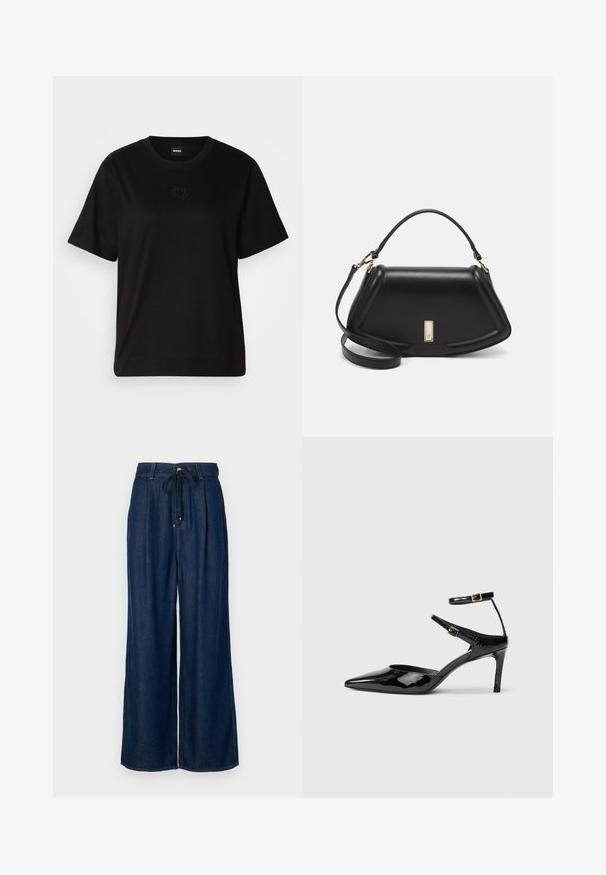 Black cotton t-shirt with a crew neckline, short sleeves, and an embroidered logo on the chest. Simple, relaxed fit with no patterns.; Dark blue wide-leg jeans with a relaxed fit, drawstring waist, and pleated design. Made from denim with a smooth texture, featuring classic stitching.; Black patent leather heels with a pointed toe, adjustable ankle straps, and a slender heel. Smooth texture with a shiny finish.; Black leather handbag with a structured design, featuring a cropped shape, top handle, and gold hardware accent. Adjustable shoulder strap included.