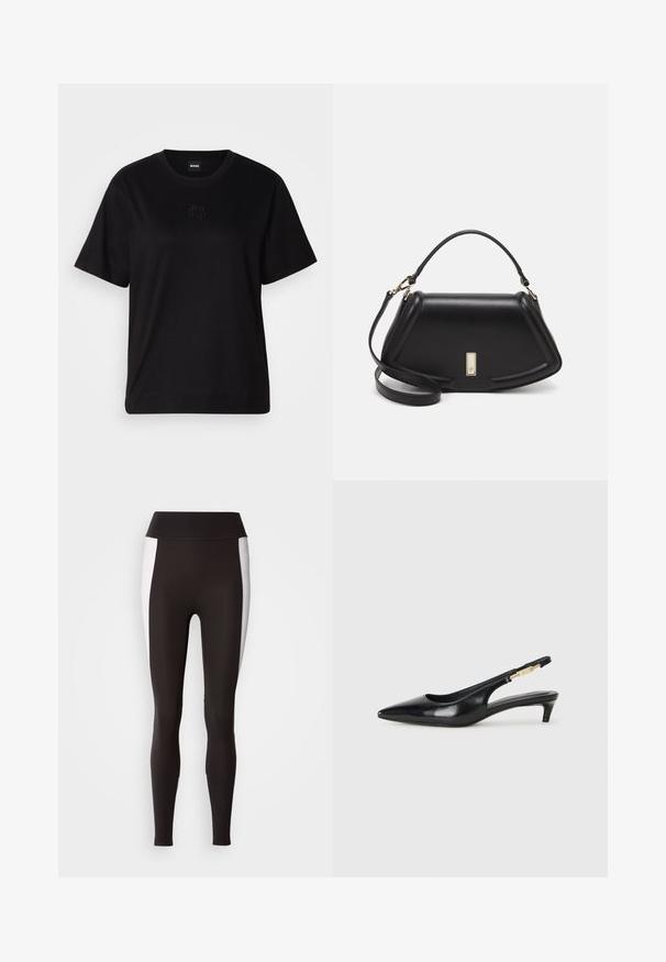 Czarny bawełniany t-shirt z okrągłym dekoltem, krótkimi rękawami i haftowanym logo na piersi. Prosty, luźny krój bez wzorów.; Czarne legginsy z szerokim pasem w talii, z białymi akcentami wzdłuż boków. Wykonane z elastycznej tkaniny o gładkiej teksturze, dopasowany krój.; Czarne skórzane szpilki typu slingback z ostrym noskiem, posiadające smukły obcas i złoty akcent na regulowanym pasku. Gładka tekstura.; Czarna skórzana torebka o strukturalnym designie, z przyciętą formą, górnym uchwytem i złotymi akcentami. W zestawie regulowany pasek na ramię.