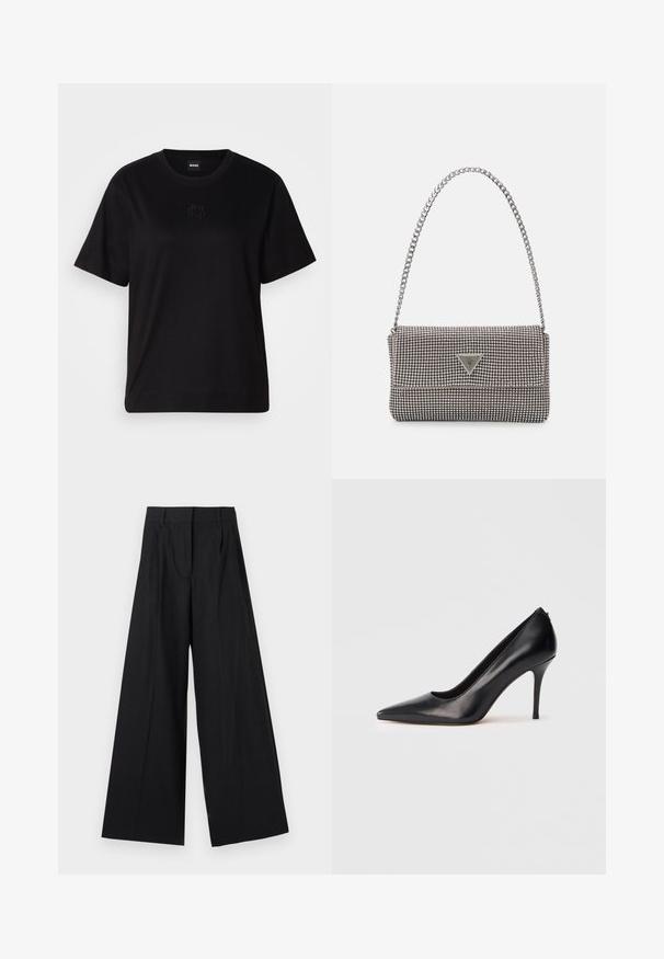 Musta puuvillapaita, jossa on pyöreä kaula-aukko, lyhyet hihat ja brodeerattu logo rinnassa. Yksinkertainen, rento istuvuus ilman kuvioita.; Haluja mustia leveälahkeisia housuja, joissa on viirukuvio. Valmistettu sileästä materiaalista, joissa on korkea vyötärö ja etuksilla laskokset.; Musta nahkainen korkokengän avokärki, jossa on sileä pinta ja virtaviivainen muotoilu. Ominaisuuksiin kuuluu ohut, korkea korko ja matala leikkaus edessä.; Vaalea harmaa metallinen käsilaukku, jossa on ketjusanka. Laukku on koristeltu pienillä pyöreillä metallikoruilla ja kolmion muotoisella brändilogolla.