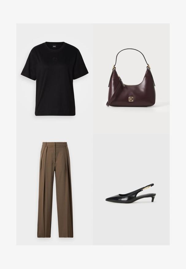 Svart bomull T-skjorte med rund hals, korte ermer og et brodert logo på brystet. Enkel, avslappet passform uten mønstre.; Brune, vide benbukser laget av et glatt stoff, med frontfolder og en skreddersydd midje for et strukturert utseende.; Sorte lærreim hæler med spiss tå, som har en slank hæl og en gullfarget detalj på den justerbare stroppen. Glatt tekstur.; Burgunderfarget lærhåndveske med en buet form, gullfarget detaljer på hardware og glidelås lukking. Har en avtagbar skulderrem.