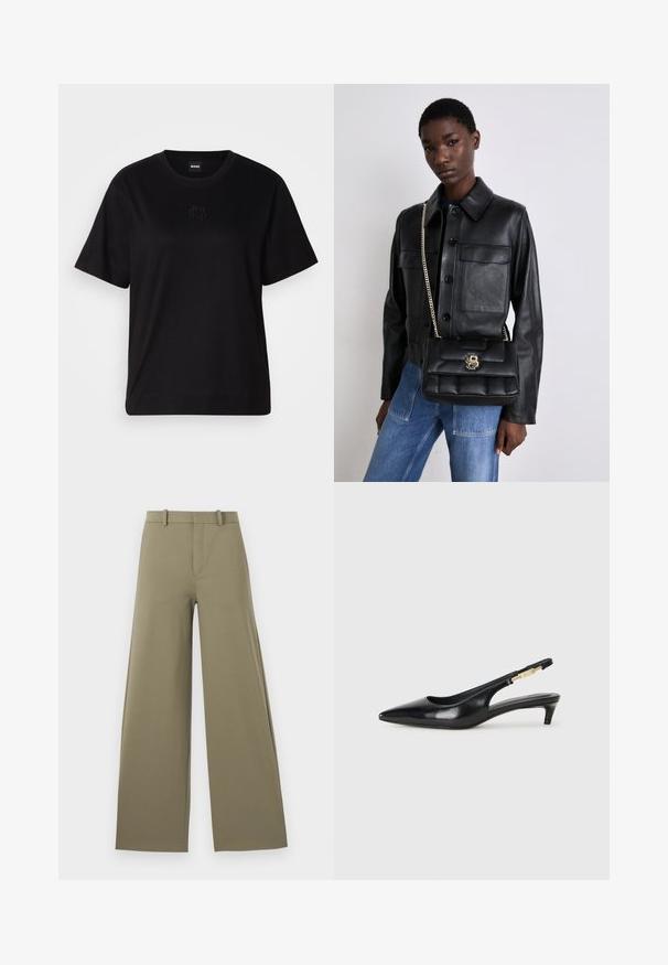 Black cotton t-shirt with a crew neckline, short sleeves, and an embroidered logo on the chest. Simple, relaxed fit with no patterns.; Light olive wide-leg trousers with a smooth texture, featuring a front zipper, belt loops, and two side pockets.; Black leather slingback heels with a pointed toe, featuring a slim heel and a gold-tone accent on the adjustable strap. Smooth texture.; Black leather jacket with button closure and two front pockets, paired with a black quilted handbag featuring a gold clasp and chain strap.