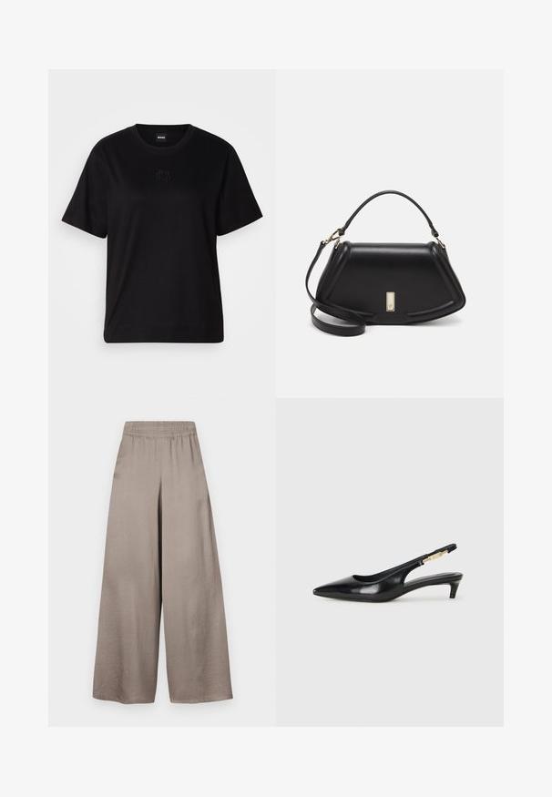 Črna bombažna majica s krožnim izrezom, kratkimi rokavi in izvezenim logotipom na prsih. Preprosta, sproščena silhueta brez vzorcev.; Hlače širokih nogavicu v svetlo taupe tkanini z elastičnim pasom, ki se odlikujejo po gladki teksturi in minimalističnem oblikovanju.; Črne usnjene sandale na peto z ostro konico, ki imajo tanko peto in zlat ton na nastavljivem traku. Gladka tekstura.; Črna usnjena torbica s strukturnim dizajnom, ki ima skrajšano obliko, zgornji ročaj in zlate dodatke. Vključena je nastavljiva ramenska naramnica.
