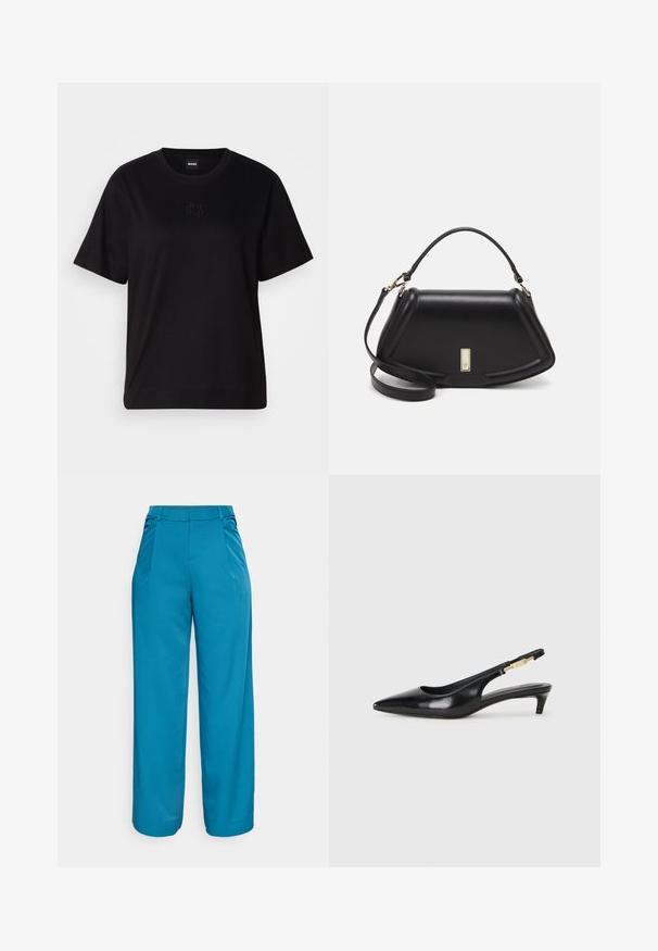 Zwarte katoenen t-shirt met een ronde hals, korte mouwen en een geborduurd logo op de borst. Eenvoudige, comfortabele pasvorm zonder patronen.; Wijde broekspijpen in levendig teal, gemaakt van een gladde stof. Heeft voorste plooien, een middellange tailleband en geen zichtbare zakken.; Zwarte leren slingback hakken met een spitse neus, voorzien van een slanke hak en een goudkleurige accent op de verstelbare band. Gladde textuur.; Zwarte leren handtas met een gestructureerd ontwerp, featuring een verkorte vorm, bovenhandvat en gouden hardwareaccent. Inclusief verstelbare schouderband.