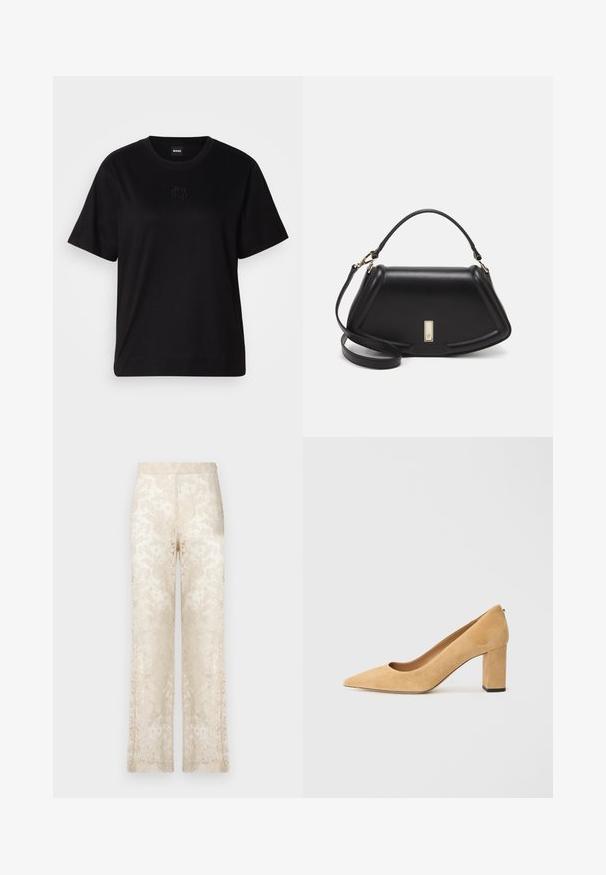 Maglietta in cotone nera con scollatura tonda, maniche corte e logo ricamato sul petto. Design semplice e vestibilità rilassata senza motivi.; Pantaloni a gamba larga in pizzo color crema, caratterizzati da intricati motivi floreali e una superficie testurizzata. Vita elastica per il massimo comfort.; Pump beige in suede con tacco alto, punta affilata e tacco a blocco massiccio. Il materiale ha una consistenza morbida con una finitura liscia.; Borsa a mano in pelle nera con un design strutturato, caratterizzata da una forma corta, manico superiore e accessori in metallo dorato. Inclusa tracolla regolabile.