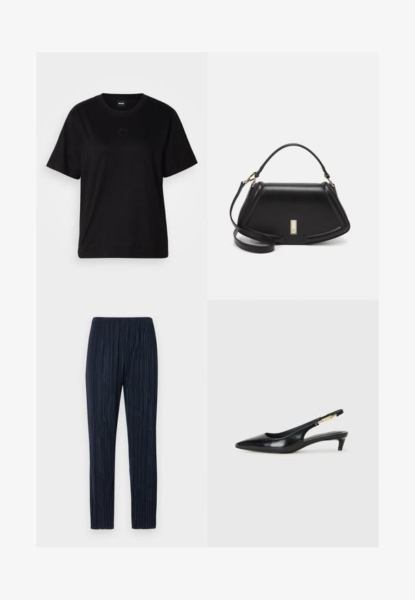 Črna bombažna majica s krožnim izrezom, kratkimi rokavi in izvezenim logotipom na prsih. Preprosta, sproščena silhueta brez vzorcev.; Mornarsko nabirane hlače z elastičnim pasom, ki imajo teksturirano blago, raven kroj in subtilne vertikalne črte po celotnem oblačilu.; Črne usnjene sandale na peto z ostro konico, ki imajo tanko peto in zlat ton na nastavljivem traku. Gladka tekstura.; Črna usnjena torbica s strukturnim dizajnom, ki ima skrajšano obliko, zgornji ročaj in zlate dodatke. Vključena je nastavljiva ramenska naramnica.