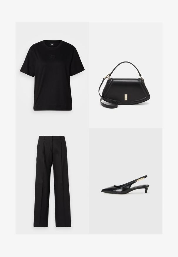 Μαύρο βαμβακερό μπλουζάκι με στρογγυλή λαιμόκοψη, κοντά μανίκια και κεντημένο λογότυπο στο στήθος. Απλή, χαλαρή γραμμή χωρίς σχέδια.; Μαύρο κομμένο παντελόνι με ίσια γραμμή, με κοφτές πιέτες και λεία υφή. Κατασκευασμένο από ελαφρύ ύφασμα.; Μαύρες δερμάτινες γόβες slingback με μυτερή μύτη, διαθέτοντας λεπτό τακούνι και χρυσή λεπτομέρεια στην ρυθμιζόμενη λωρίδα. Λείος υφές.; Μαύρη δερμάτινη τσάντα με δομημένο σχέδιο, που διαθέτει κομμένο σχήμα, επάνω λαβή και χρυσά μεταλλικά στοιχεία. Περιλαμβάνει ρυθμιζόμενο λουρί ώμου.