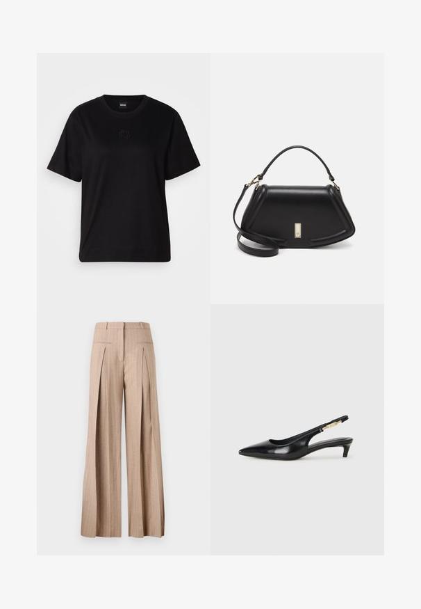 Camiseta de algodón negra con cuello redondo, mangas cortas y un logo bordado en el pecho. Ajuste simple y relajado sin patrones.; Pantalones de pierna ancha beige, elaborados con una tela ligera, con rayas verticales, una cintura alta y pliegues frontales.; Tacones negros de piel sintética tipo slingback con punta afilada, que cuentan con un tacón delgado y un detalle en tono dorado en la correa ajustable. Textura suave.; Bolso de mano de cuero negro con un diseño estructurado, que presenta una forma recortada, asa superior y acentos en dorado. Correa de hombro ajustable incluida.