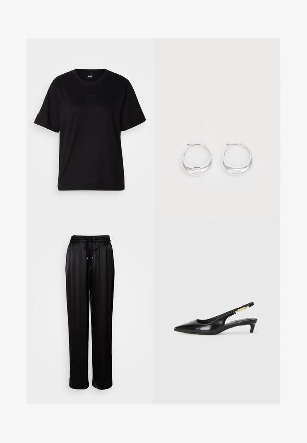 T-shirt de algodão preto com decote redondo, mangas curtas e um logótipo bordado no peito. Corte simples e descontraído, sem padrões.; Calças pretas, de corte confortável, com um cós elástico e cordão, exibidas sobre um fundo branco liso.; Saltos slingback em couro preto com bico fino, apresentando um salto esguio e um detalhe em tom dourado na alça ajustável. Textura suave.; Brincos em argola prateados com um acabamento polido e a marca DKNY, exibidos contra um fundo branco simples.
