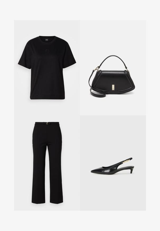 Black cotton t-shirt with a crew neckline, short sleeves, and an embroidered logo on the chest. Simple, relaxed fit with no patterns.; Black, high-waisted trousers made of smooth fabric, featuring a belt with a gold buckle, and a flared leg design.; Black leather slingback heels with a pointed toe, featuring a slim heel and a gold-tone accent on the adjustable strap. Smooth texture.; Black leather handbag with a structured design, featuring a cropped shape, top handle, and gold hardware accent. Adjustable shoulder strap included.