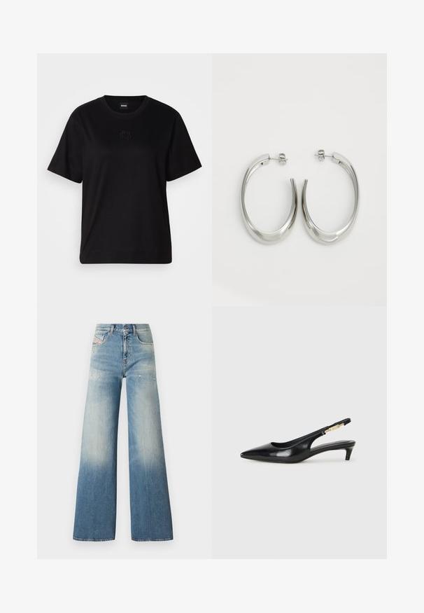 Juodas medvilninis marškinėliai su apvalia iškirpte, trumpomis rankovėmis ir siuvinėjimu ant krūtinės. Paprastas, laisvas siluetas be raštų.; Šviesiai mėlynos džinsinės plačių kojų kelnės su išblukusiu gradientiniu efektu, nusidėvėjimo detalėmis šalia kišenių ir klasikiniu penkių kišenių dizainu.; Juodas odinis pavasario batelių modelis su smailiu nosiu, turintis siaurą kulniuką ir auksinės spalvos akcentu reguliuojamoje juostoje. Lygi tekstūra.; Sidabriniai apvalūs auskarai su lygiu, išlenktu dizainu. Yra blizgus metalinis paviršius ir smeigtukų uždarymas. Nėra matomų raštų ar akcentų.