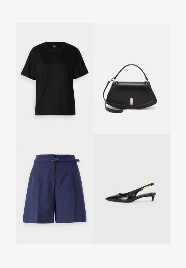 Black cotton t-shirt with a crew neckline, short sleeves, and an embroidered logo on the chest. Simple, relaxed fit with no patterns.; Navy blue tailored shorts with a belt loop and metal buckle, featuring front pockets and a smooth, structured texture.; Black leather slingback heels with a pointed toe, featuring a slim heel and a gold-tone accent on the adjustable strap. Smooth texture.; Black leather handbag with a structured design, featuring a cropped shape, top handle, and gold hardware accent. Adjustable shoulder strap included.