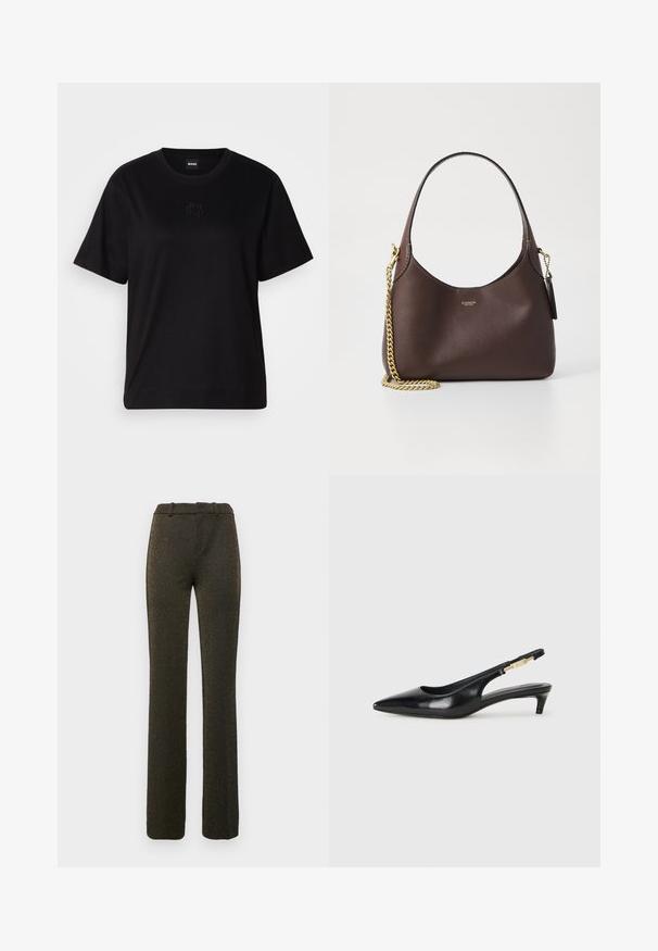 Črna bombažna majica s krožnim izrezom, kratkimi rokavi in izvezenim logotipom na prsih. Preprosta, sproščena silhueta brez vzorcev.; Črne razširjene hlače iz teksturirane tkanine z zlatim leskom. Imajo ravno sprednjo stran in zanke za pas. Oblikovane so za tesno silhueto.; Črne usnjene sandale na peto z ostro konico, ki imajo tanko peto in zlat ton na nastavljivem traku. Gladka tekstura.; COACH BROOKLYN SHOULDER BAG 23 - Torbica - maple