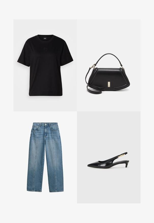 Black cotton t-shirt with a crew neckline, short sleeves, and an embroidered logo on the chest. Simple, relaxed fit with no patterns.; Light blue denim jeans with a wide leg and high waist. Features classic five-pocket design and stitched front panels for added detail.; Black leather slingback heels with a pointed toe, featuring a slim heel and a gold-tone accent on the adjustable strap. Smooth texture.; Black leather handbag with a structured design, featuring a cropped shape, top handle, and gold hardware accent. Adjustable shoulder strap included.