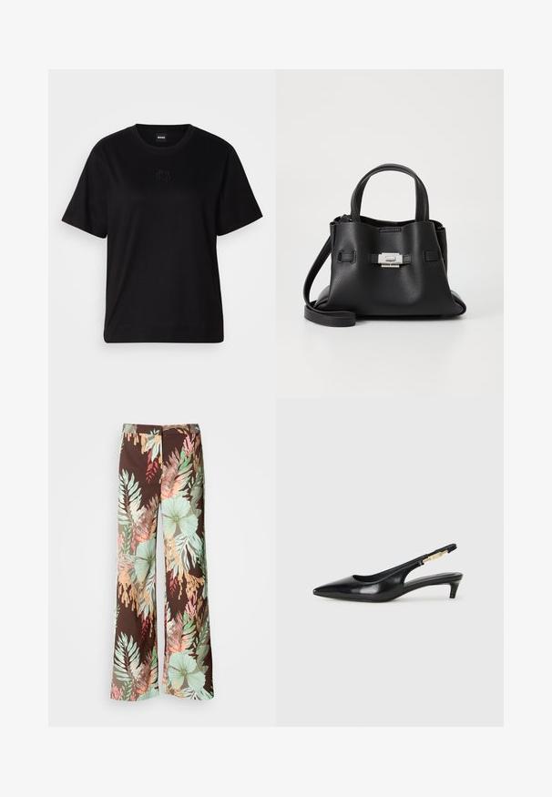 Zwarte katoenen t-shirt met een ronde hals, korte mouwen en een geborduurd logo op de borst. Eenvoudige, comfortabele pasvorm zonder patronen.; Wijdvallende broek van een donkerbruine stof met een levendig bloem- en bladpatroon in tinten groen, rood en perzik. Zachte, lichte stof.; Zwarte leren slingback hakken met een spitse neus, voorzien van een slanke hak en een goudkleurige accent op de verstelbare band. Gladde textuur.; Zwarte leren handtas met een gestructureerde afwerking, voorzien van twee handvatten, een verwijderbare schouderband en een zilveren sluiting.
