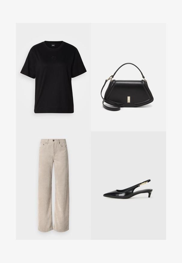 Black cotton t-shirt with a crew neckline, short sleeves, and an embroidered logo on the chest. Simple, relaxed fit with no patterns.; Beige corduroy wide-leg pants with vertical stripes, featuring a button closure and front pockets. Soft, textured fabric with a relaxed fit.; Black leather slingback heels with a pointed toe, featuring a slim heel and a gold-tone accent on the adjustable strap. Smooth texture.; Black leather handbag with a structured design, featuring a cropped shape, top handle, and gold hardware accent. Adjustable shoulder strap included.