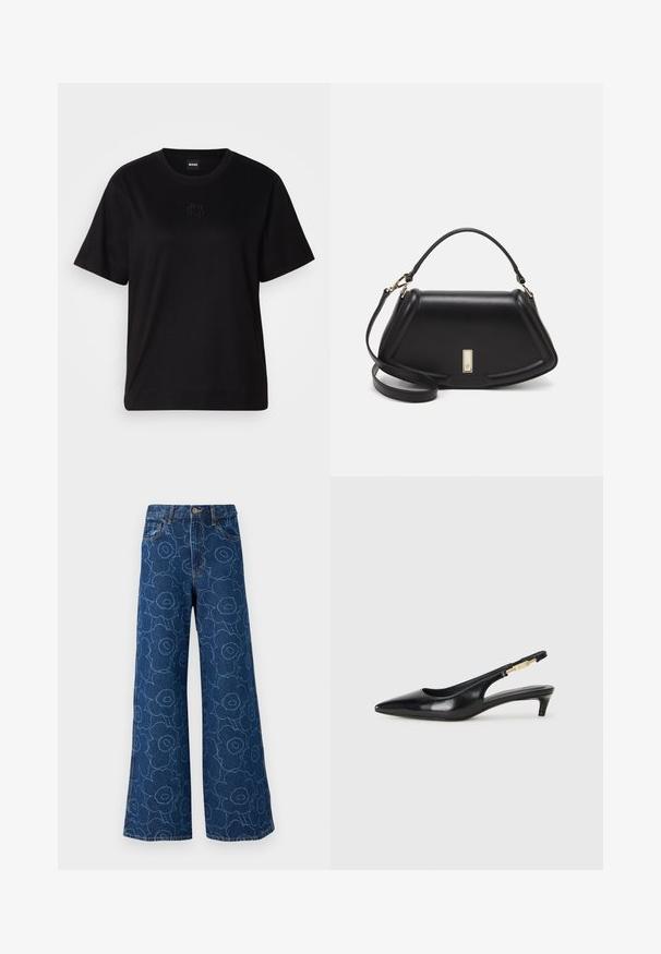 Black cotton t-shirt with a crew neckline, short sleeves, and an embroidered logo on the chest. Simple, relaxed fit with no patterns.; Marimekko Relaxed fit jeans - unikko denim; Black leather slingback heels with a pointed toe, featuring a slim heel and a gold-tone accent on the adjustable strap. Smooth texture.; Black leather handbag with a structured design, featuring a cropped shape, top handle, and gold hardware accent. Adjustable shoulder strap included.