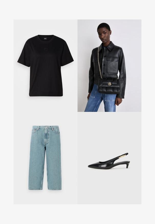 Fekete pamut póló kerek nyakkivágással, rövid ujjakkal és hímzett logóval a mellkasán. Egyszerű, laza szabás, minta nélkül.; Világoskék farmer rövidnadrág, magas derékkal, egyenes szabással és nyers szegéllyel. Klasszikus gombos és cipzáras záródással rendelkezik, négy zseb van rajta.; Fekete bőr slingback magassarkúk, hegyes orral, vékony sarkakkal és arany színű részlettel a állítható pánton. Simа felület.; Fekete bőrkabát gombos záródással és két elülső zsebbel, fekete steppelt kézitáskával párosítva, amely arany csattal és lánc pánttal rendelkezik.