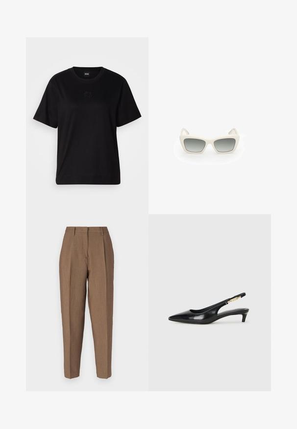Černé bavlněné tričko s kulatým výstřihem, krátkými rukávy a vyšitým logem na hrudi. Jednoduchý, volný střih bez vzorů.; Hnědé kalhoty na míru se strukturovanou tkaninou, s vysokým pasem, předními záhyby a rovnou nohavicí. Bez viditelného kovového kování nebo kapes.; Černé kožené boty na podpatku s otevřenou patou a špičatou špičkou, s tenkým podpatkem a zlatým akcentem na nastavitelném pásku. Hladký povrch.; Sluneční brýle s kočičím designem, bílý plastový rám, šedé gradientové čočky a tenké nožičky s jemným detailem značky.