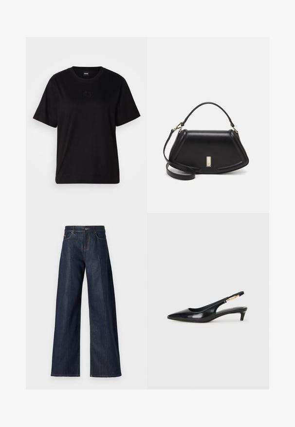 Mustmust särk, millel on ümar kaelus, lühikesed varrukad ja tindiga tikitud logo rinnal. Lihtne, mugav lõige ilma mustriteta.; Laiad tumesinised denimipüksid siledast materjalist, viie tasku, nupuga ja erinevat värvi õmblustega õmblustel.; Mustad nahast slingback kontsad terava ninaga, millel on õhuke konts ja kuldse tooni aktsent reguleeritaval rihmal. Sile tekstuur.; Must mustrist käekott, millel on struktureeritud disain, lühendatud kuju, ülemine käepide ja kuldne metallist detail. Reguleeritav õlalihm on kaasas.