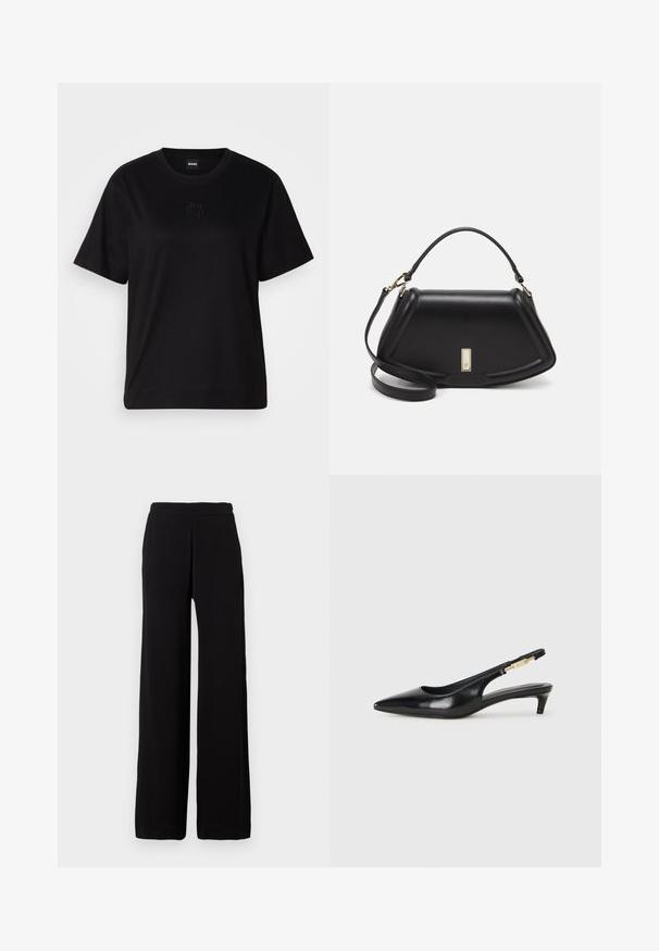 Μαύρο βαμβακερό μπλουζάκι με στρογγυλή λαιμόκοψη, κοντά μανίκια και κεντημένο λογότυπο στο στήθος. Απλή, χαλαρή γραμμή χωρίς σχέδια.; Μαύρο παντελόνι σε άνετη γραμμή με ελαστική ζώνη, κατασκευασμένο από λείο ύφασμα, παρουσιαζόμενο σε μια απλή ανοιχτόχρωμη背景.; Μαύρες δερμάτινες γόβες slingback με μυτερή μύτη, διαθέτοντας λεπτό τακούνι και χρυσή λεπτομέρεια στην ρυθμιζόμενη λωρίδα. Λείος υφές.; Μαύρη δερμάτινη τσάντα με δομημένο σχέδιο, που διαθέτει κομμένο σχήμα, επάνω λαβή και χρυσά μεταλλικά στοιχεία. Περιλαμβάνει ρυθμιζόμενο λουρί ώμου.