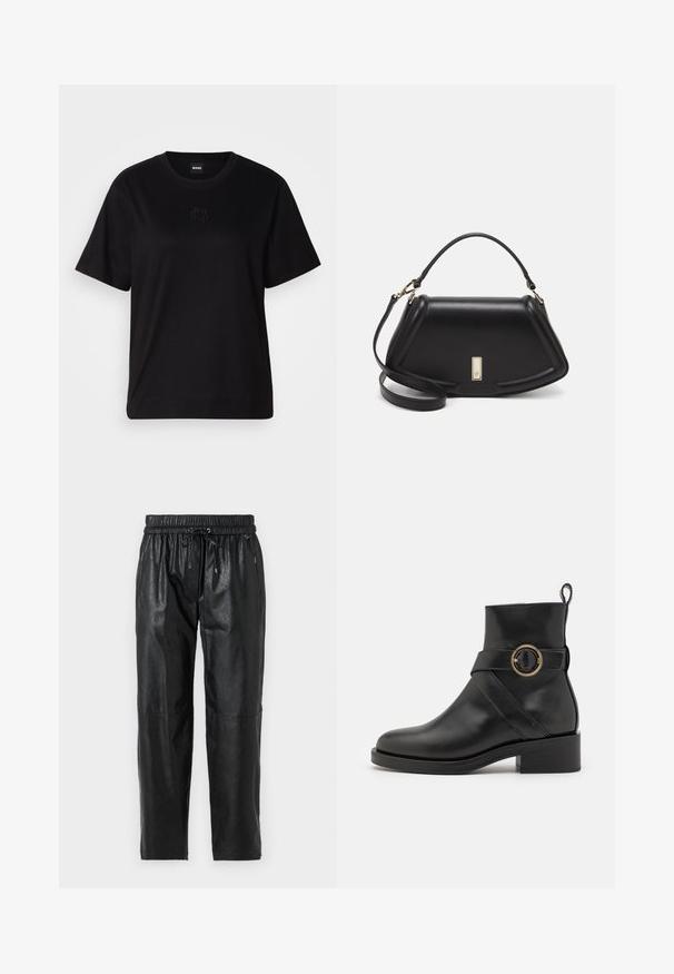 Svart bomull T-skjorte med rund hals, korte ermer og et brodert logo på brystet. Enkel, avslappet passform uten mønstre.; Sorte skinnbukser med elastisk midje, snøring og en glatt tekstur. Har en avslappet passform og design med avsmalnende ben.; BOSS IRYNA BOOTIE - Platåstøvletter - black; Sort lærveske med en strukturert design, som har en avkortet form, topphåndtak og detaljer i gull. Justerbar skulderstropp inkludert.