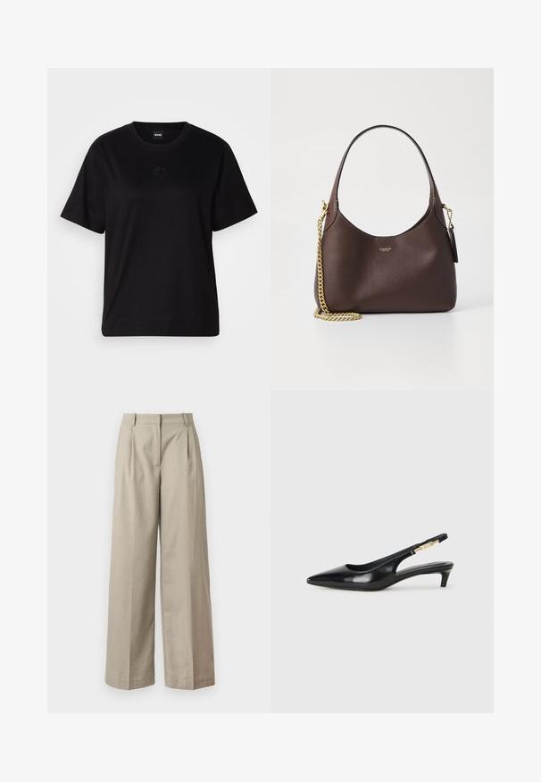 Sort bomulds t-shirt med rund halsudskæring, korte ærmer og et broderet logo på brystet. Enkel, afslappet pasform uden mønstre.; Bage brede bukser lavet af glat stof, med en tætsiddende talje, læg og en løs pasform gennem benene. Enkel design og rene linjer.; Sorte læder slingback hæle med spids tå, der har en slank hæl og en guldfarvet detalje på den justerbare rem. Glat tekstur.; COACH BROOKLYN SHOULDER BAG 23 - Håndtasker - maple