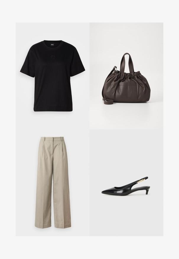 Black cotton t-shirt with a crew neckline, short sleeves, and an embroidered logo on the chest. Simple, relaxed fit with no patterns.; Beige wide-leg trousers made of smooth fabric, featuring a fitted waist, pleats, and a loose fit through the legs. Simple design and clean lines.; Black leather slingback heels with a pointed toe, featuring a slim heel and a gold-tone accent on the adjustable strap. Smooth texture.; Samsøe Samsøe SAEMMI MIDI BAG - Handbag - dark brown