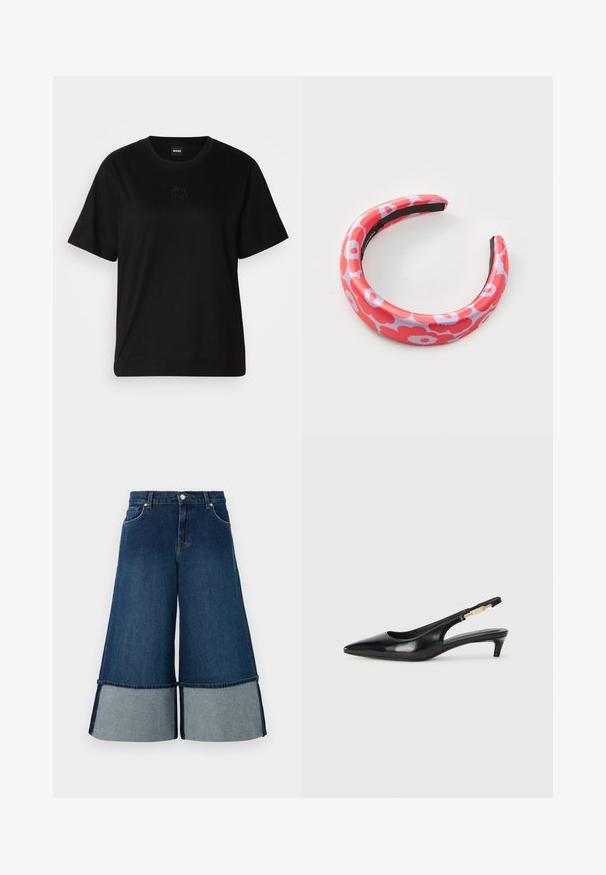 Černé bavlněné tričko s kulatým výstřihem, krátkými rukávy a vyšitým logem na hrudi. Jednoduchý, volný střih bez vzorů.; Denimové culottes s tmavě modrým ombre a kontrastním světlým modrým lemem, s širokými nohavicemi a tradičním pětiokýnkovým stylem.; Černé kožené boty na podpatku s otevřenou patou a špičatou špičkou, s tenkým podpatkem a zlatým akcentem na nastavitelném pásku. Hladký povrch.; Čelenka s červeným a růžovým vzorem, hladkým povrchem a květinovým designem. Vyznačuje se flexibilním materiálem a lesklou texturou.