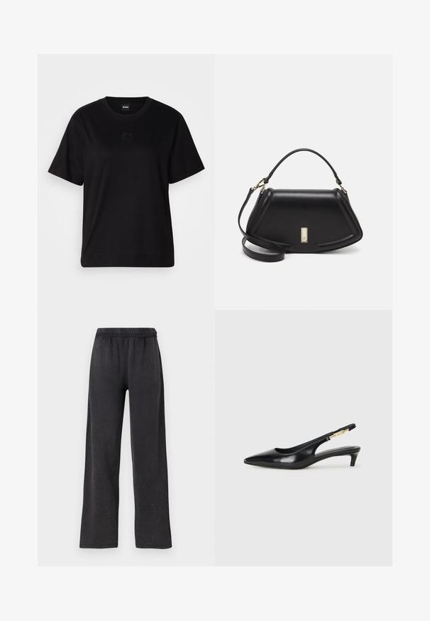 Czarny bawełniany t-shirt z okrągłym dekoltem, krótkimi rękawami i haftowanym logo na piersi. Prosty, luźny krój bez wzorów.; Czarne, szerokie spodnie z elastycznym pasem, wykonane z miękkiego materiału. Gładka tekstura, luźny krój bez widocznych kieszeni i metalowych elementów.; Czarne skórzane szpilki typu slingback z ostrym noskiem, posiadające smukły obcas i złoty akcent na regulowanym pasku. Gładka tekstura.; Czarna skórzana torebka o strukturalnym designie, z przyciętą formą, górnym uchwytem i złotymi akcentami. W zestawie regulowany pasek na ramię.