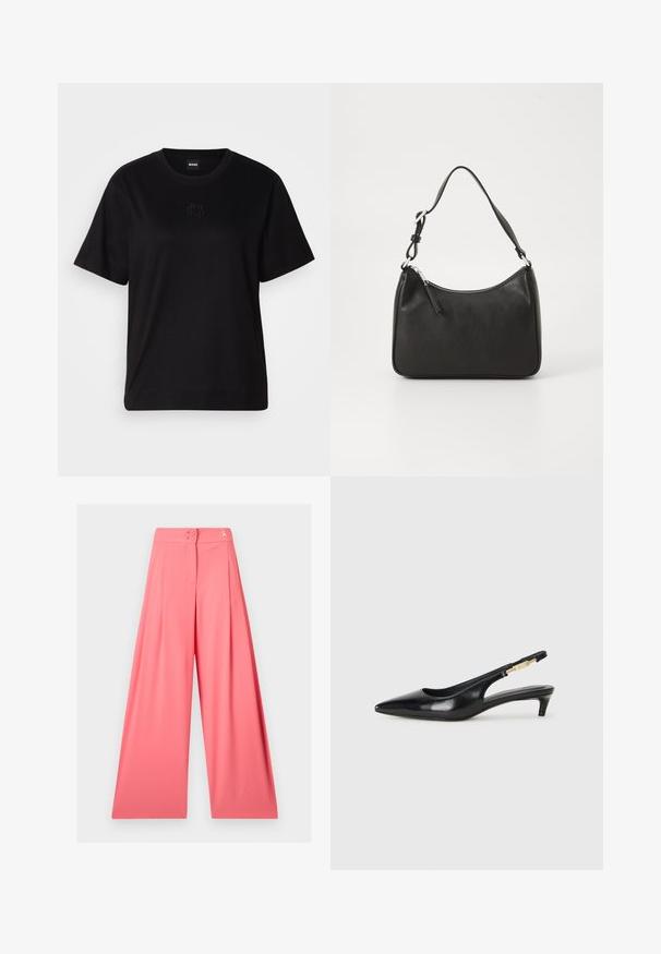 Melna kokvilnas T-krekls ar apaļu izgriezumu, īsām piedurknēm un izšūtu logotipu uz krūtīm. Vienkāršs, brīvs piegriezums bez rakstiem.; Plaša kāju bikses no viegla auduma gaisīgi rozā krāsā, ar augstu jostasvietu, krokotu dizainu un divām dekoratīvām pogām jostasvietā.; Melnas ādas slingback zābaki ar smailu purngalu, ar šauru papēdi un zelta krāsas akcentu uz regulējama siksniņas. Gluda tekstūra.; Melnas ādas rokassomu ar izliekta formu, vienu siksnu, ar rāvējslēdzēju aizdari un diskrētu zīmolu uz priekšpuses. Gluda tekstūra, minimālisma dizains.