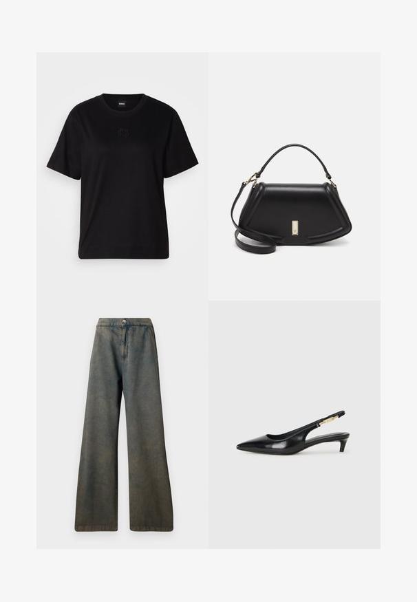 Black cotton t-shirt with a crew neckline, short sleeves, and an embroidered logo on the chest. Simple, relaxed fit with no patterns.; Dark blue wide-leg jeans with a high waist, featuring a front button closure and subtle texture. The fabric appears slightly faded.; Black leather slingback heels with a pointed toe, featuring a slim heel and a gold-tone accent on the adjustable strap. Smooth texture.; Black leather handbag with a structured design, featuring a cropped shape, top handle, and gold hardware accent. Adjustable shoulder strap included.