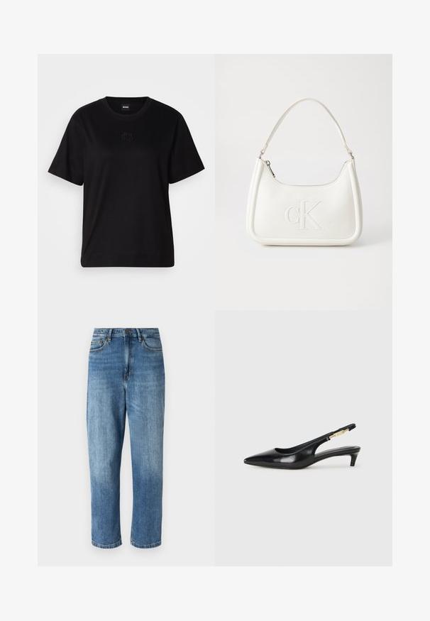 Svart bomull T-skjorte med rund hals, korte ermer og et brodert logo på brystet. Enkel, avslappet passform uten mønstre.; Lyse blå denimjeans med rett ben-design, som har fem lommer, en knapp- og glidelåslukking, og subtil falming foran.; Sorte lærreim hæler med spiss tå, som har en slank hæl og en gullfarget detalj på den justerbare stroppen. Glatt tekstur.; Hvit lærveske med en buet fasong, med et preget "CK"-logo på forsiden og en enkel skulderstropp. Glidelåslukking på toppen.
