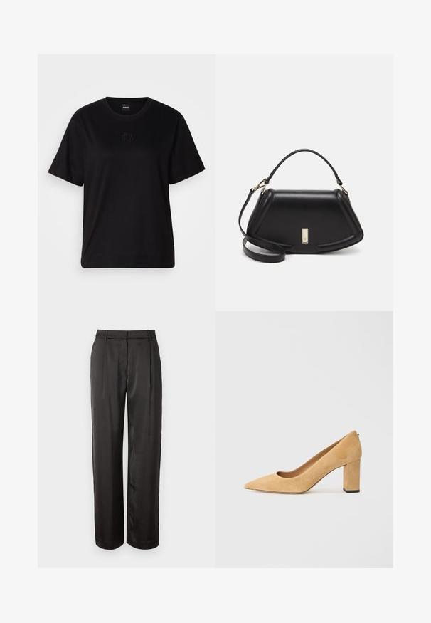 Schwarzes Baumwoll-T-Shirt mit Rundhalsausschnitt, kurzen Ärmeln und aufgesticktem Logo auf der Brust. Einfacher, lässiger Schnitt ohne Muster.; Schwarz, hochtaillierte Hose aus glattem Stoff. Verfügt über einen geraden Schnitt, zwei vordere Falten und Gürtelschlaufen.; Beige Wildleder-Pumps mit hohem Absatz, spitz zulaufend und mit einem klobigen Blockabsatz. Das Material hat eine weiche Textur mit einer glatten Oberfläche.; Schwarze Lederhandtasche mit einem strukturierten Design, das eine verkürzte Form, einen oberen Griff und goldfarbene Hardware-Details aufweist. Verstellbarer Schulterriemen ist enthalten.