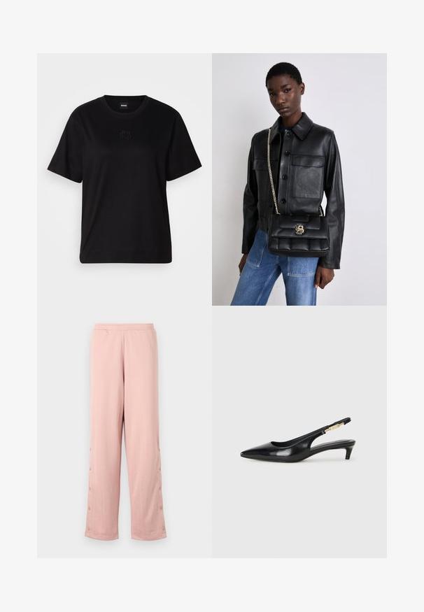 Schwarzes Baumwoll-T-Shirt mit Rundhalsausschnitt, kurzen Ärmeln und aufgesticktem Logo auf der Brust. Einfacher, lässiger Schnitt ohne Muster.; Helle rosa, weit geschnittene Hose aus weichem Stoff, mit einem dezenten geprägten Muster und dekorativen Knöpfen entlang der Seitennaht.; Schwarze Leder-Slingback-Pumps mit spitzem Schuhblatt, ausgestattet mit einem schlanken Absatz und einem goldfarbigen Akzent am verstellbaren Riemen. Glatte Textur.; Schwarze Lederjacke mit Knopfverschluss und zwei vorderen Taschen, kombiniert mit einer schwarzen gesteppte Handtasche mit goldener Schnalle und Kettenriemen.
