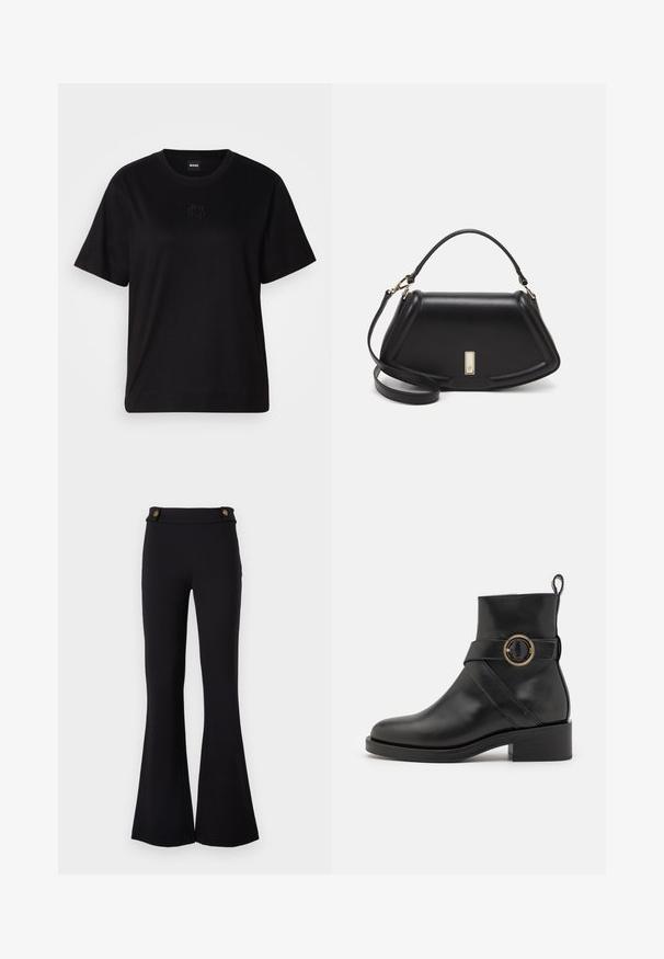 Black cotton t-shirt with a crew neckline, short sleeves, and an embroidered logo on the chest. Simple, relaxed fit with no patterns.; Black flared pants made of stretchy material. Features two gold-tone buttons at the waist. Smooth texture and fitted through the hips.; BOSS IRYNA BOOTIE - Platform ankle boots - black; Black leather handbag with a structured design, featuring a cropped shape, top handle, and gold hardware accent. Adjustable shoulder strap included.