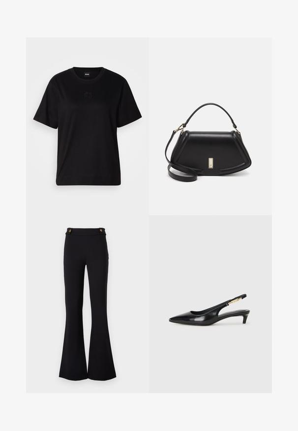 Zwarte katoenen t-shirt met een ronde hals, korte mouwen en een geborduurd logo op de borst. Eenvoudige, comfortabele pasvorm zonder patronen.; Zwarte flared broek van rekbaar materiaal. Met twee goudkleurige knopen aan de taille. Gladde textuur en aansluitend rondom de heupen.; Zwarte leren slingback hakken met een spitse neus, voorzien van een slanke hak en een goudkleurige accent op de verstelbare band. Gladde textuur.; Zwarte leren handtas met een gestructureerd ontwerp, featuring een verkorte vorm, bovenhandvat en gouden hardwareaccent. Inclusief verstelbare schouderband.